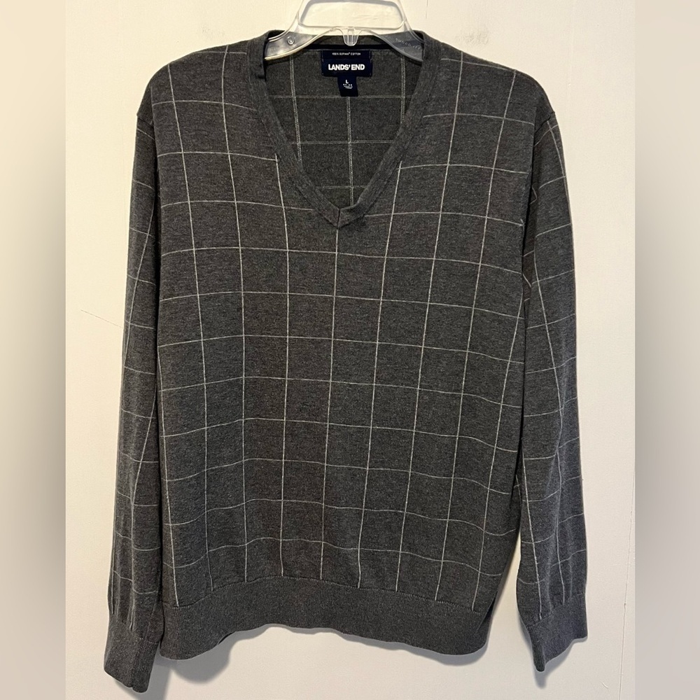 Lands End Men Gray V Neck Long Sleeve 1016